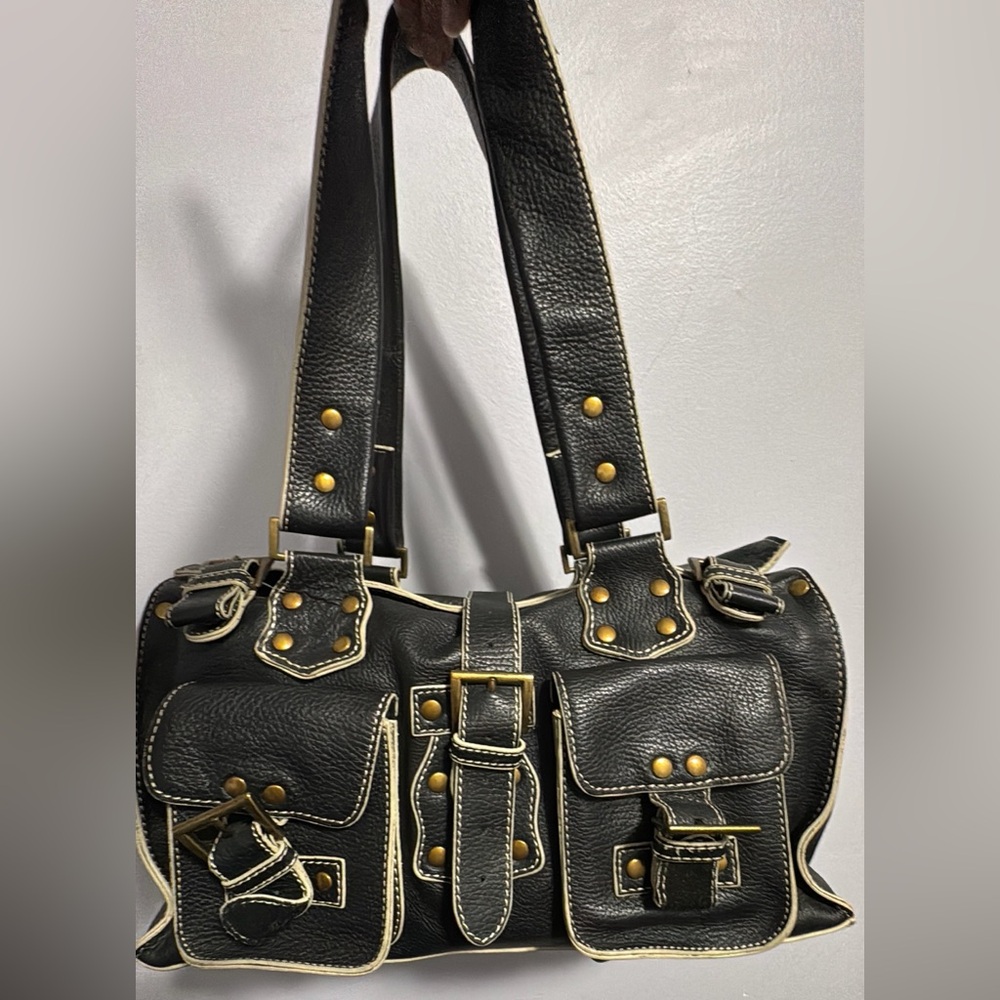 *SOLD* Vintage Danier Genuine Leather Black Pebble Satchel Contrast Stitching